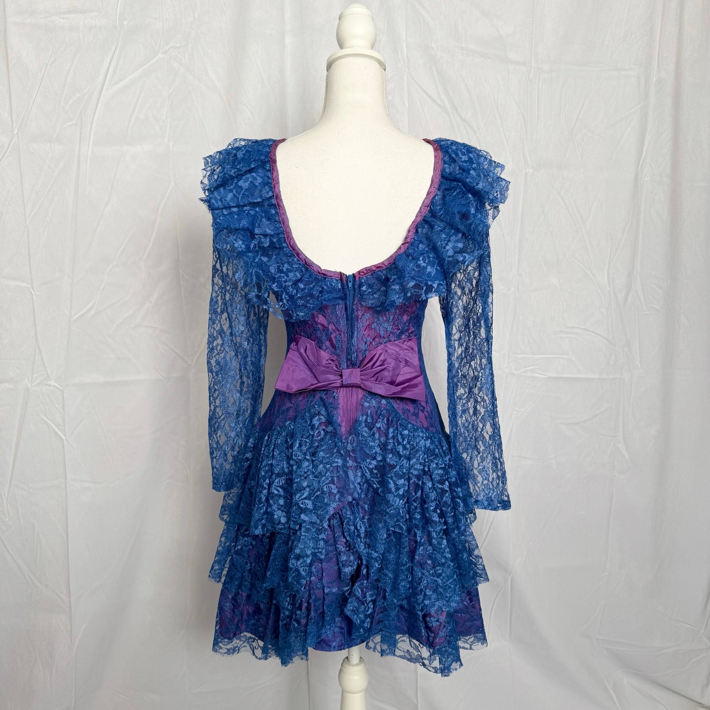 Vintage 80s Steppin Out Lace Ruffle Party Dress, Size Medium