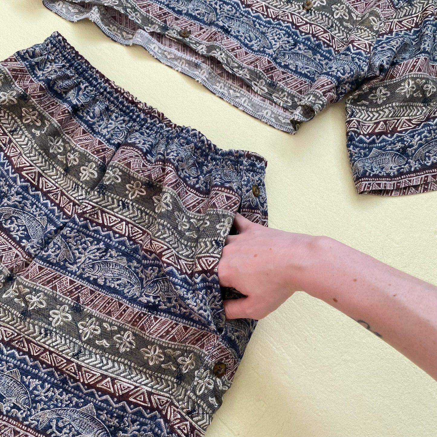 Upcycled Fish Tribal Print Button Up & Shorts Set, Size S/M/L
