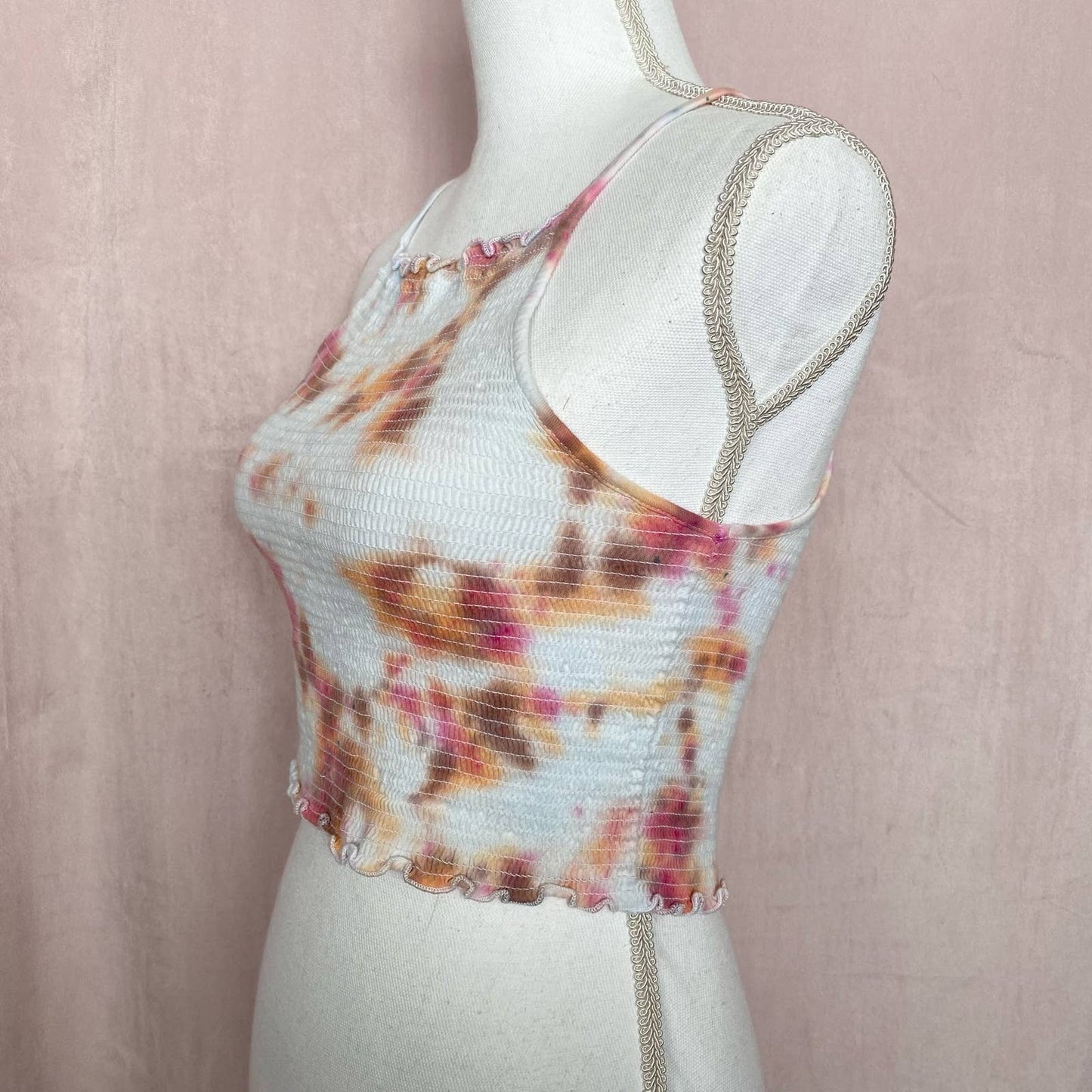 Reworked Tie Dye Smocked Crop Tank Top, Size S/M