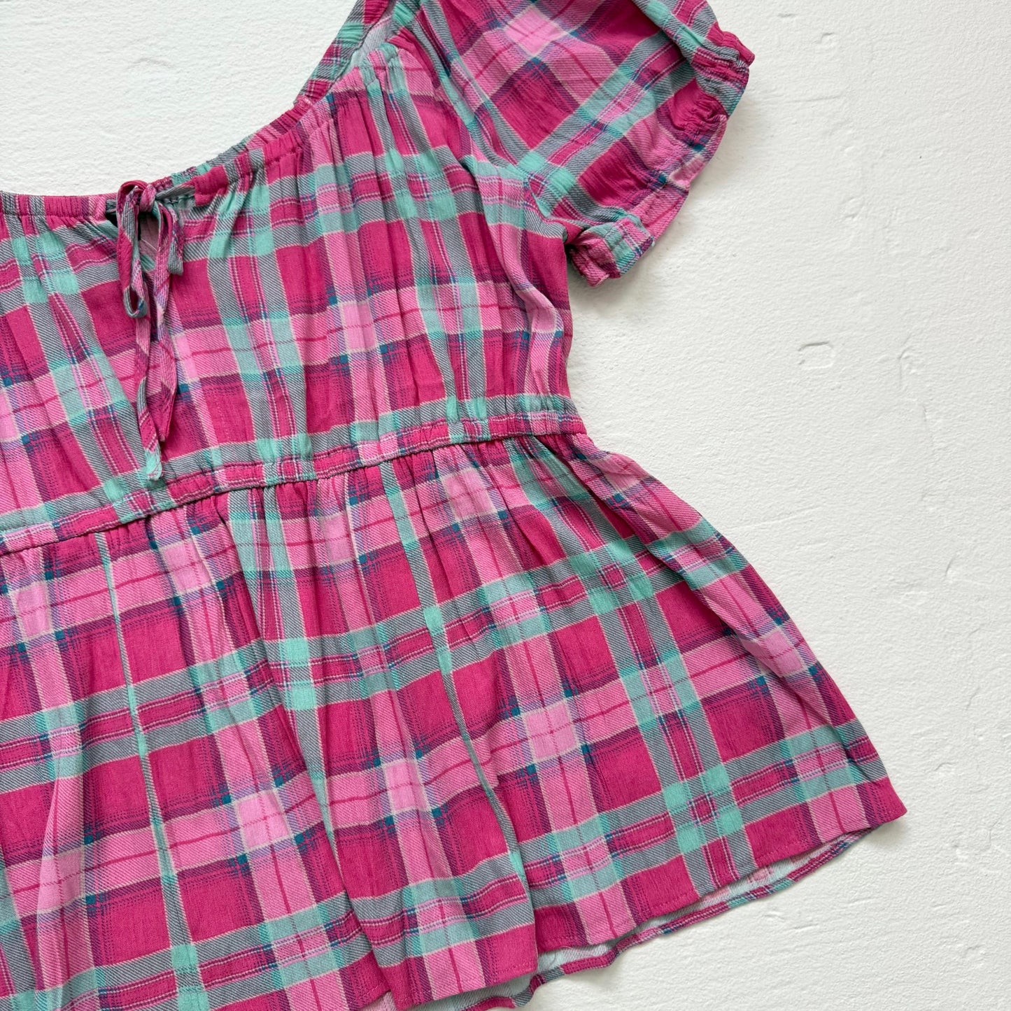 Secondhand Torrid Pink Teal Plaid Tie Front Peplum Top, Size 2X