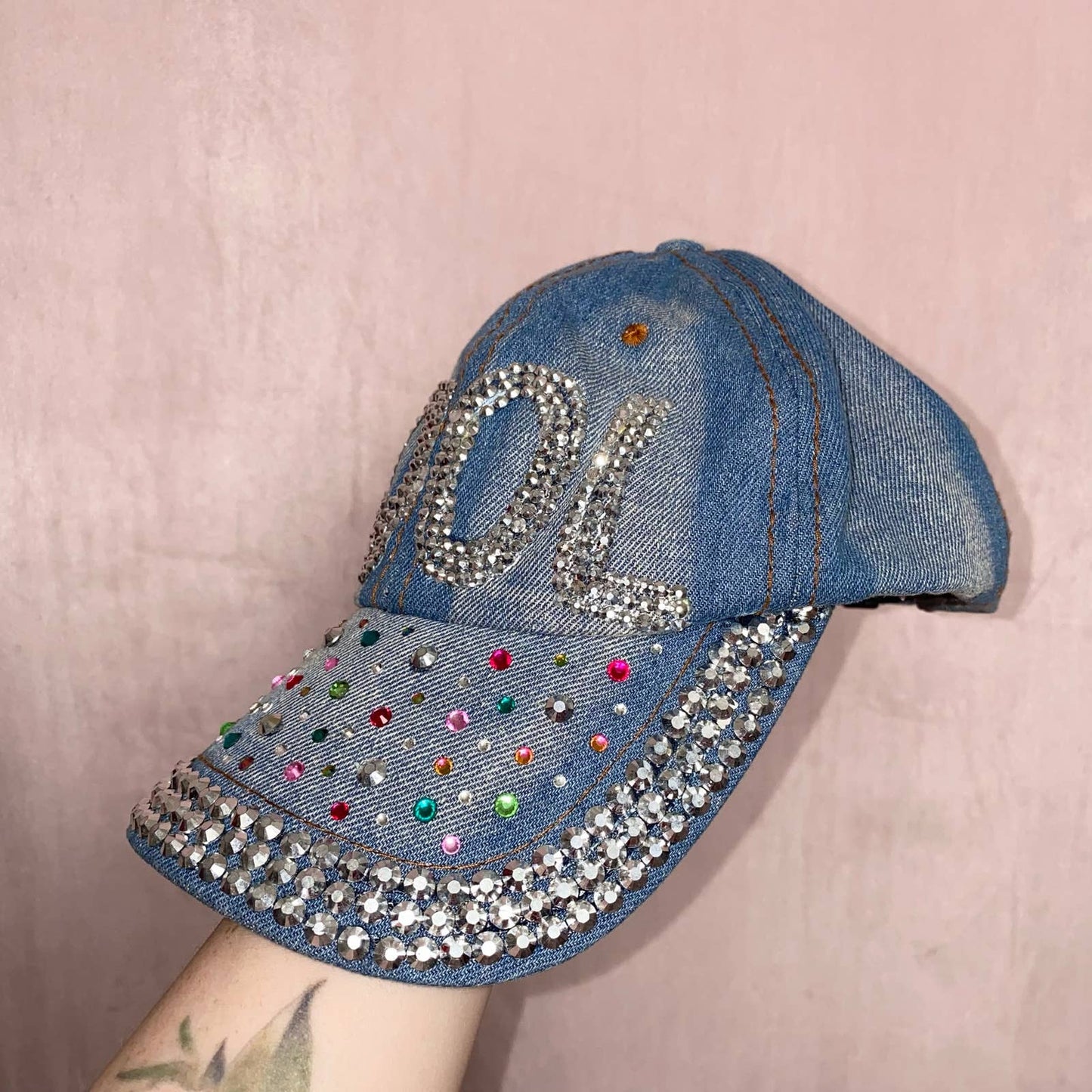 Upcycled COOL Rhinestone Denim Cap Hat