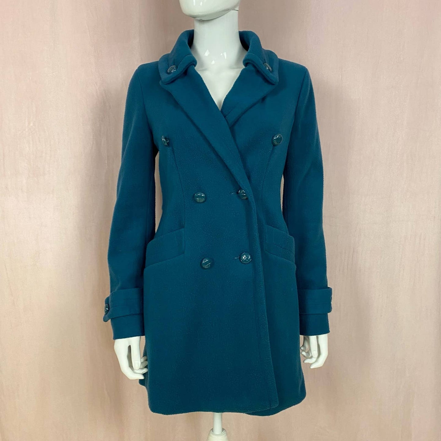 Secondhand Finesse Double Breasted Long Teal Jacket, Size Small