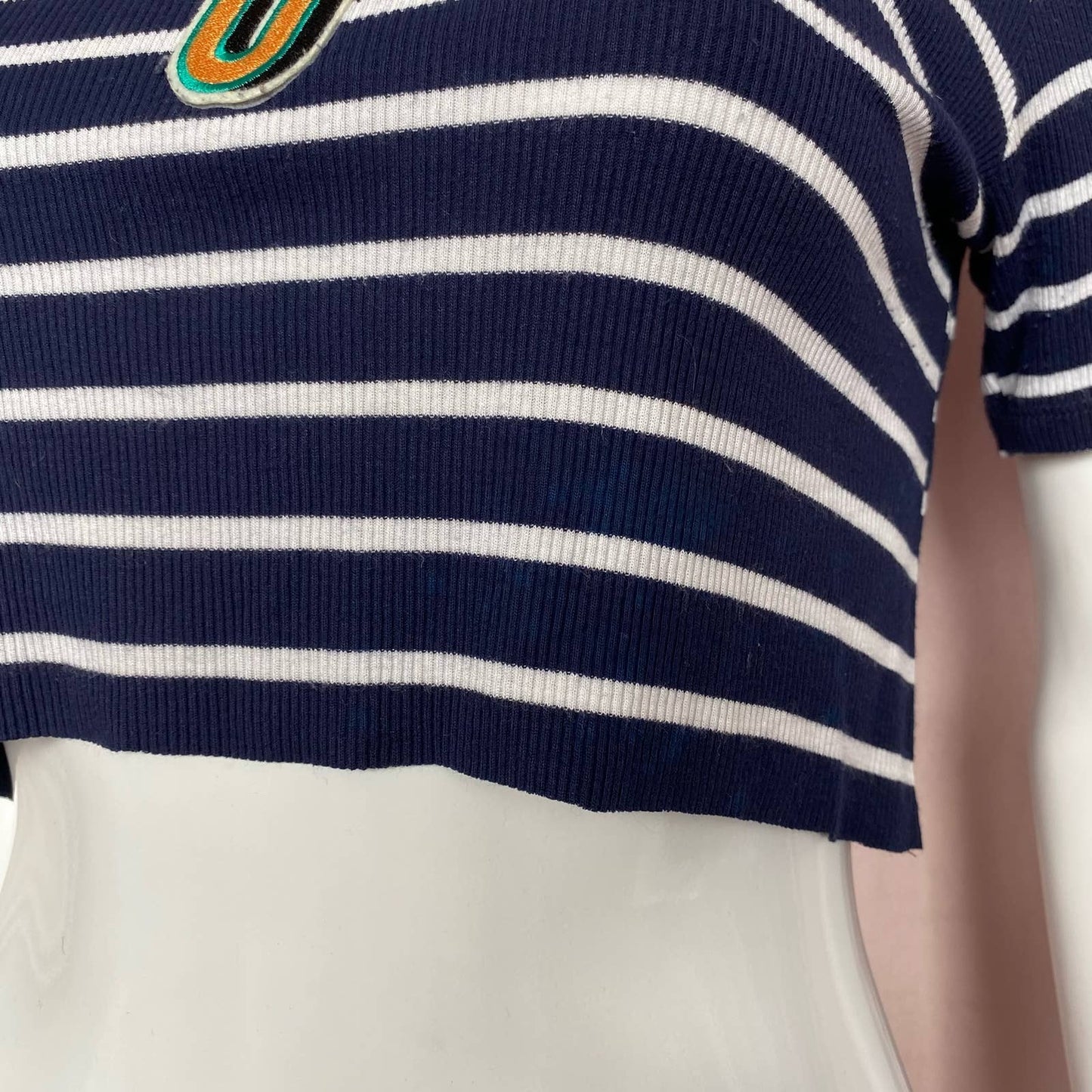 Secondhand Reworked Zara R U Mine Patch Stripe Crop Tee, Size Small