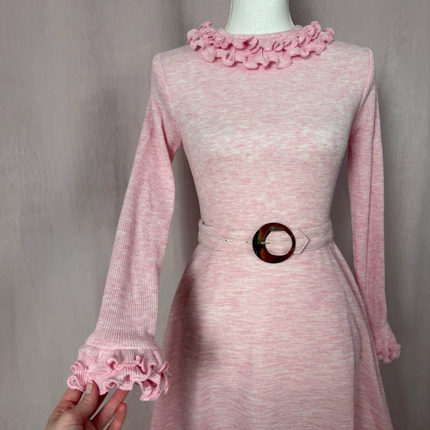 Vintage 70s Vicky Vaughn Pink Knit Mini Dress, Size XS