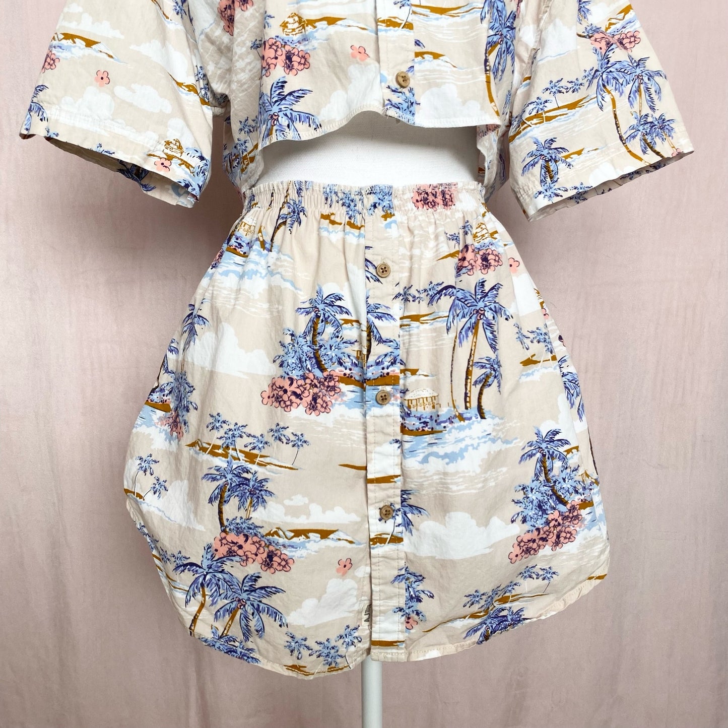 Upcycled Hawaiian Button Front Two Piece Skirt Set, Size Small