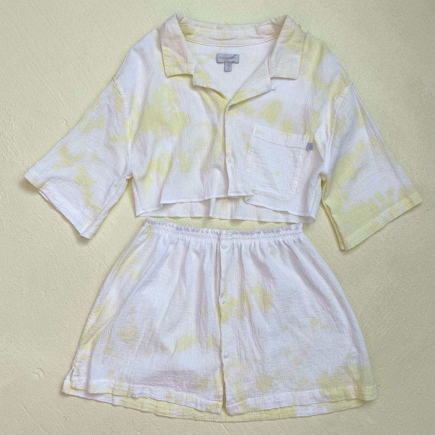 Upcycled Yellow Tie Dye Button Front Skirt Set, Size S/M