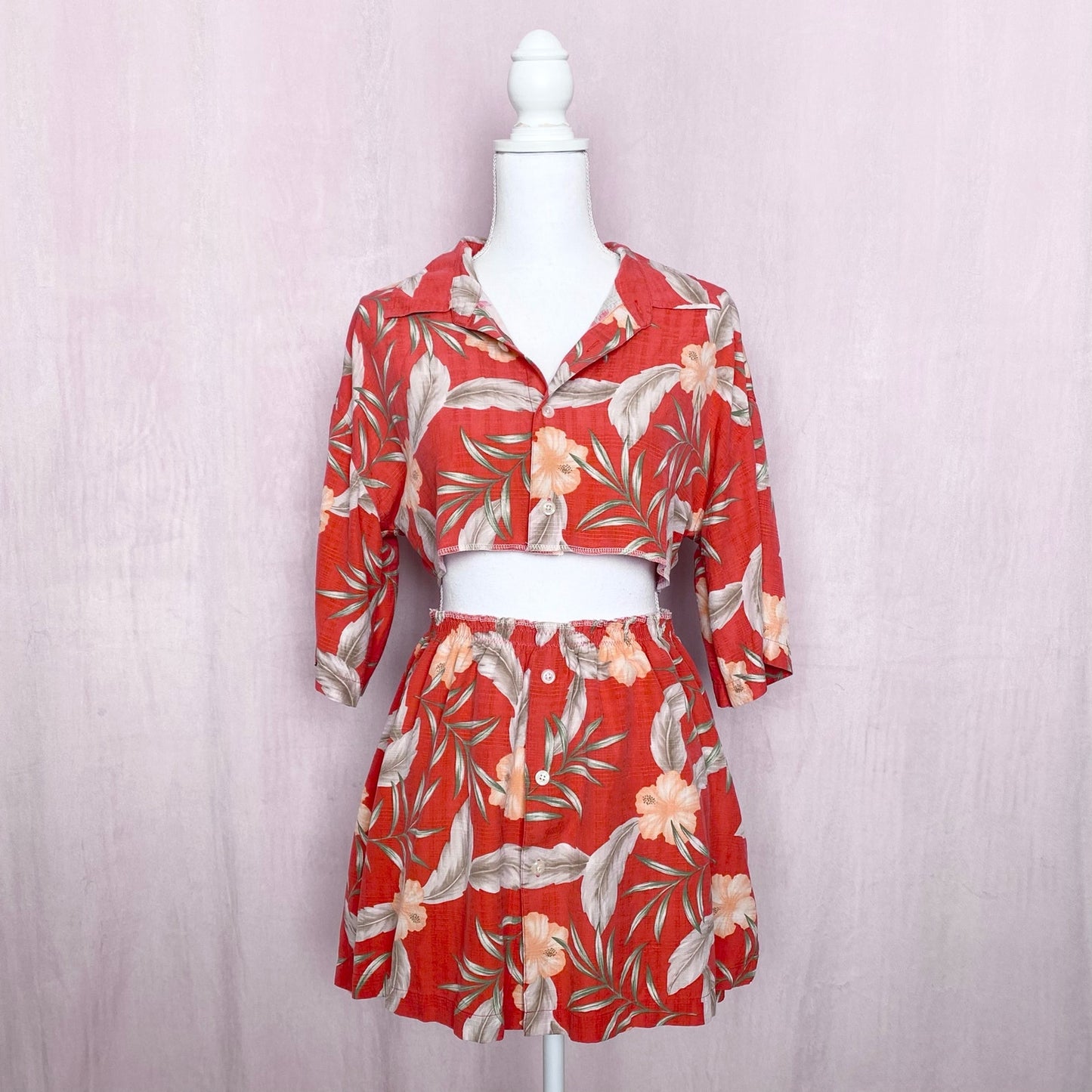 Upcycled Hawaiian Button Front Two Piece Skirt Set, Size M/L
