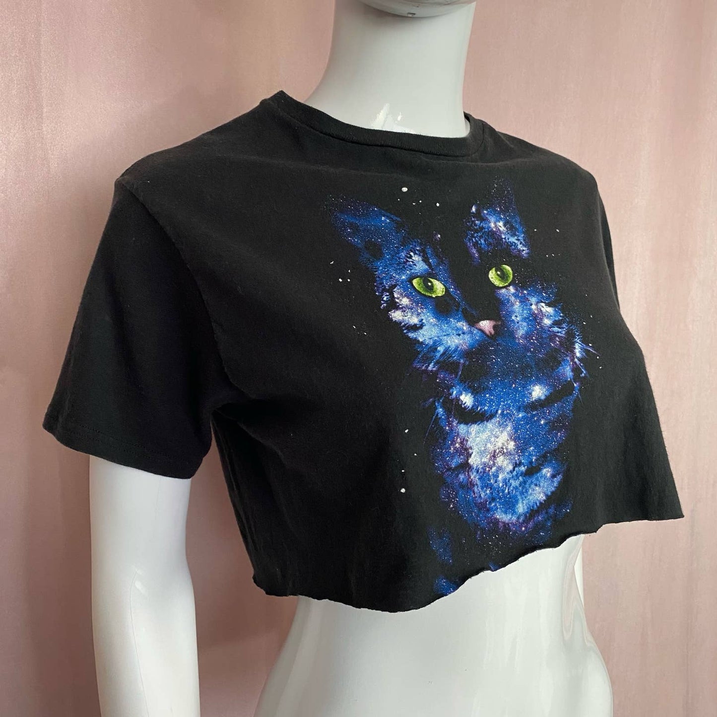 Reworked Galaxy Cat Crop Tee, Size Medium