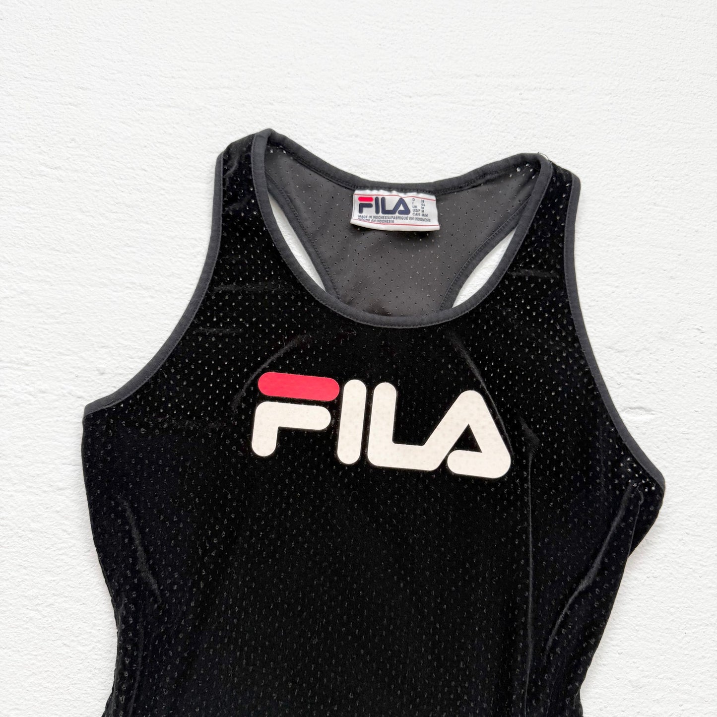 Secondhand FILA Black Velour Mesh Bodysuit Logo One Piece, Size Medium