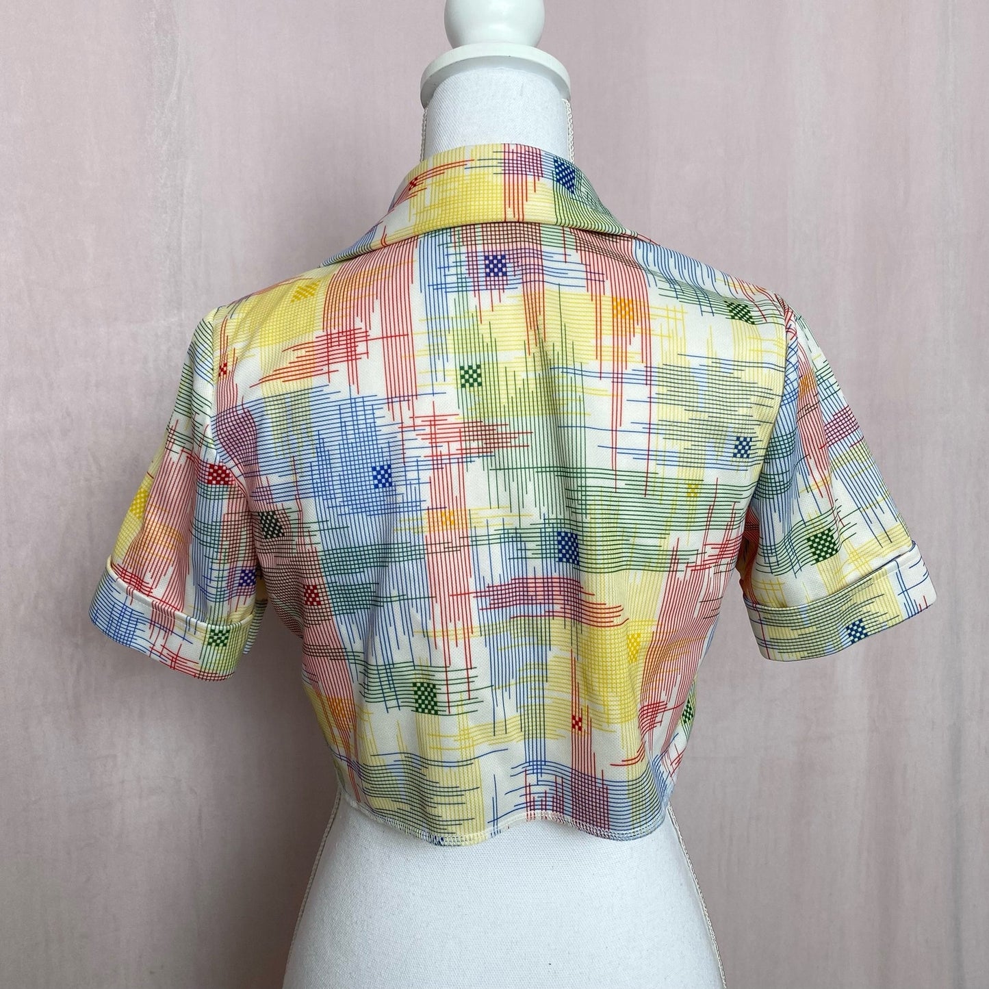 Upcycled Vintage 70s Crop Plaid Button Up Shirt, Size Small