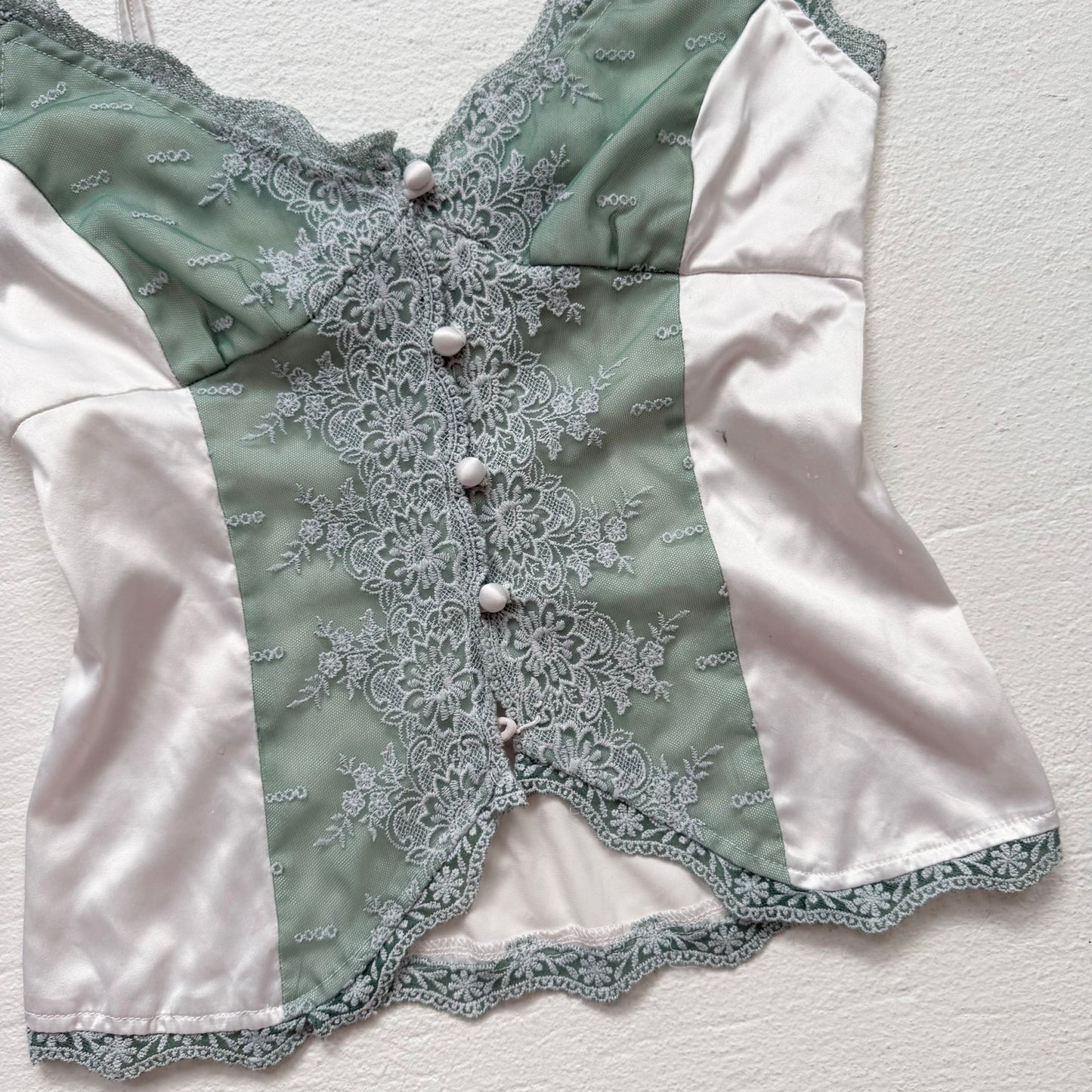 Secondhand Princess Polly Mint Green Satin Lace Button Cami Top, Size 4