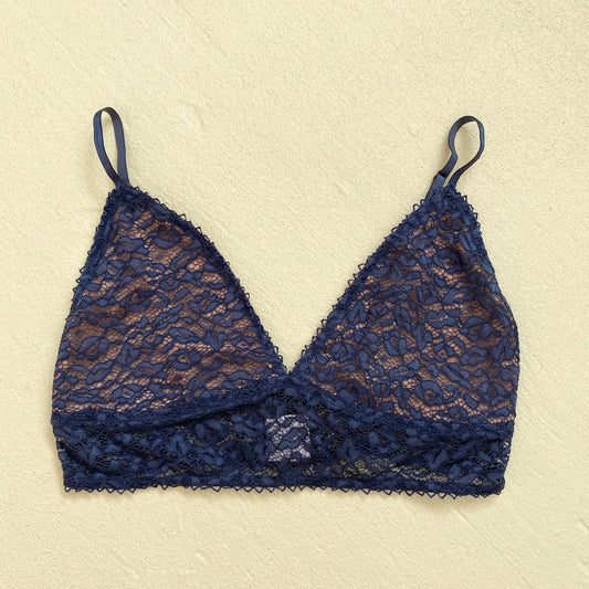 Secondhand Angl Navy Blue Lace Triangle Bralette, Size Small