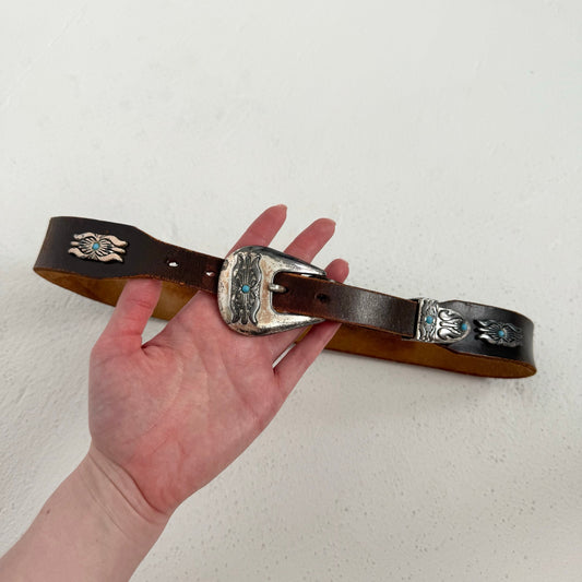Vintage Western Turquoise Silver Leather Belt