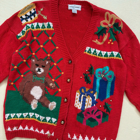 Vintage Jingle Bell Christmas Sweater Cardigan, Size Large