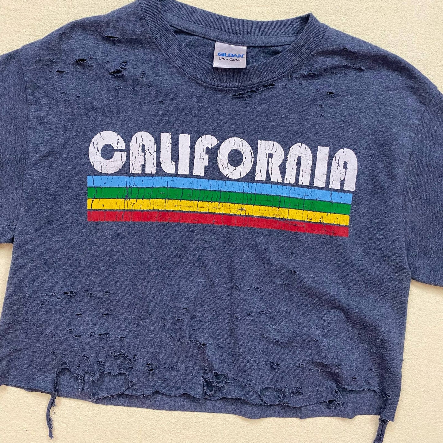 Reworked California Distressed Crop Tee, Size Small