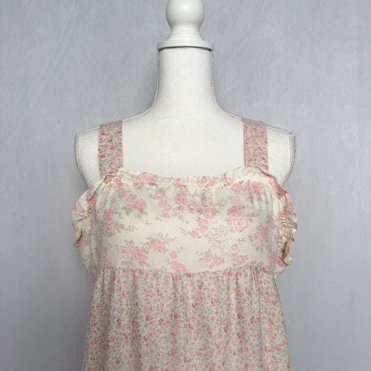 Vintage 90s Cream Pink Floral Ruffle Midi Dress, Size XL