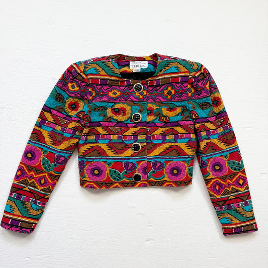 Vintage 80s Rickie Freeman For Teri Jon Quilted Silk Crop Blazer Jacket, S/M