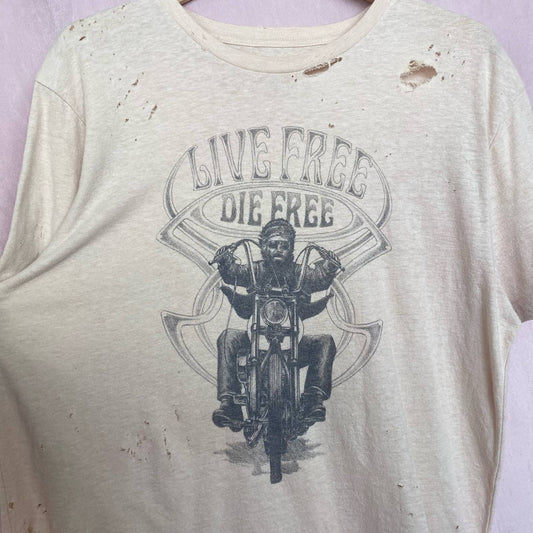 Upcycled Lucky Brand Live Free Die Free Distressed Tee, Size Large
