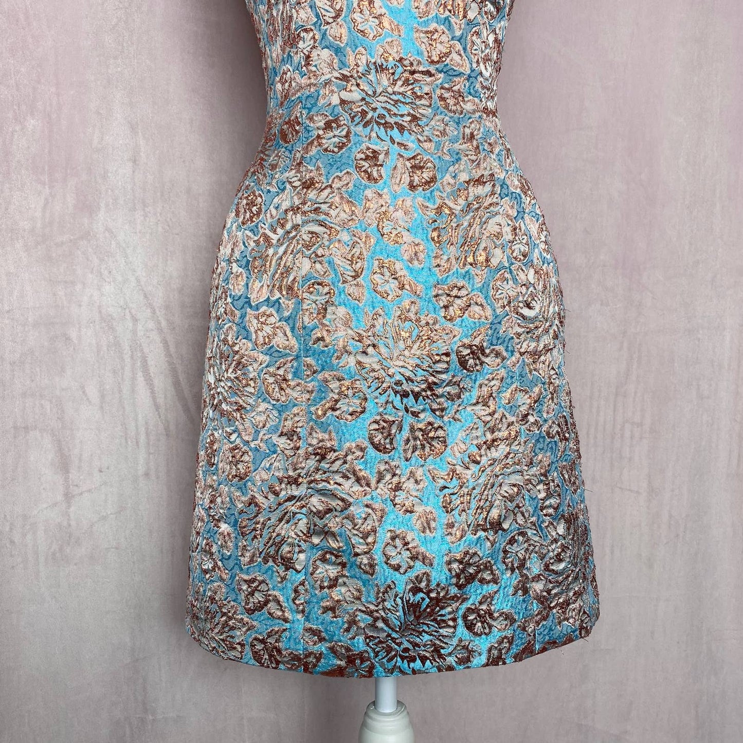 Secondhand Aqua Metallic Rose Gold Blue Floral Formal Dress, Size 0