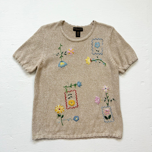 Vintage 90s Salon Studio Embroidered Knit Short Sleeve Sweater, Size XL