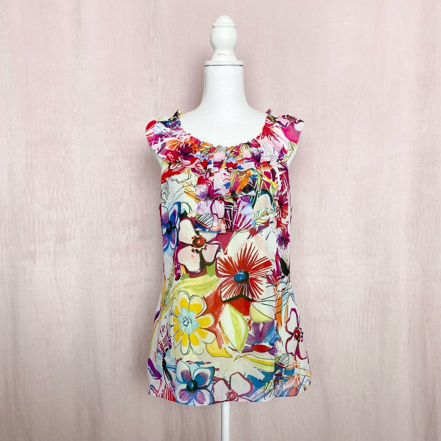 Secondhand Spense Colorful Floral Ruffle Sleeveless Blouse, Size Large