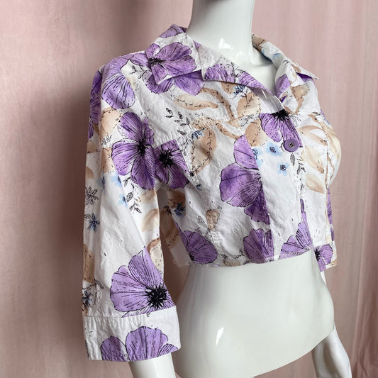 Upcycled Vintage Floral Crop 1/2 Sleeve Button Up, Size Medium