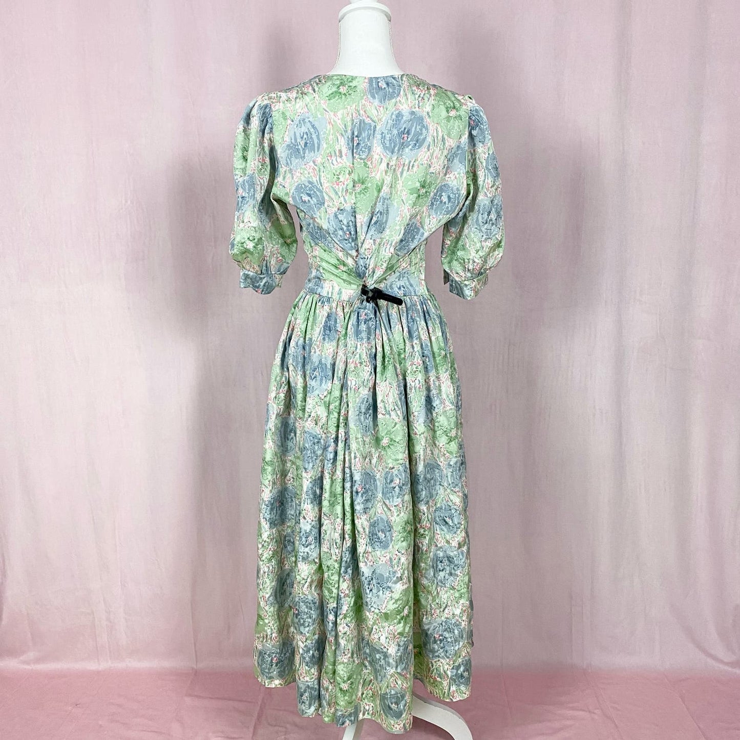 Vintage Handmade Satin Floral Puff Sleeve Maxi Dress