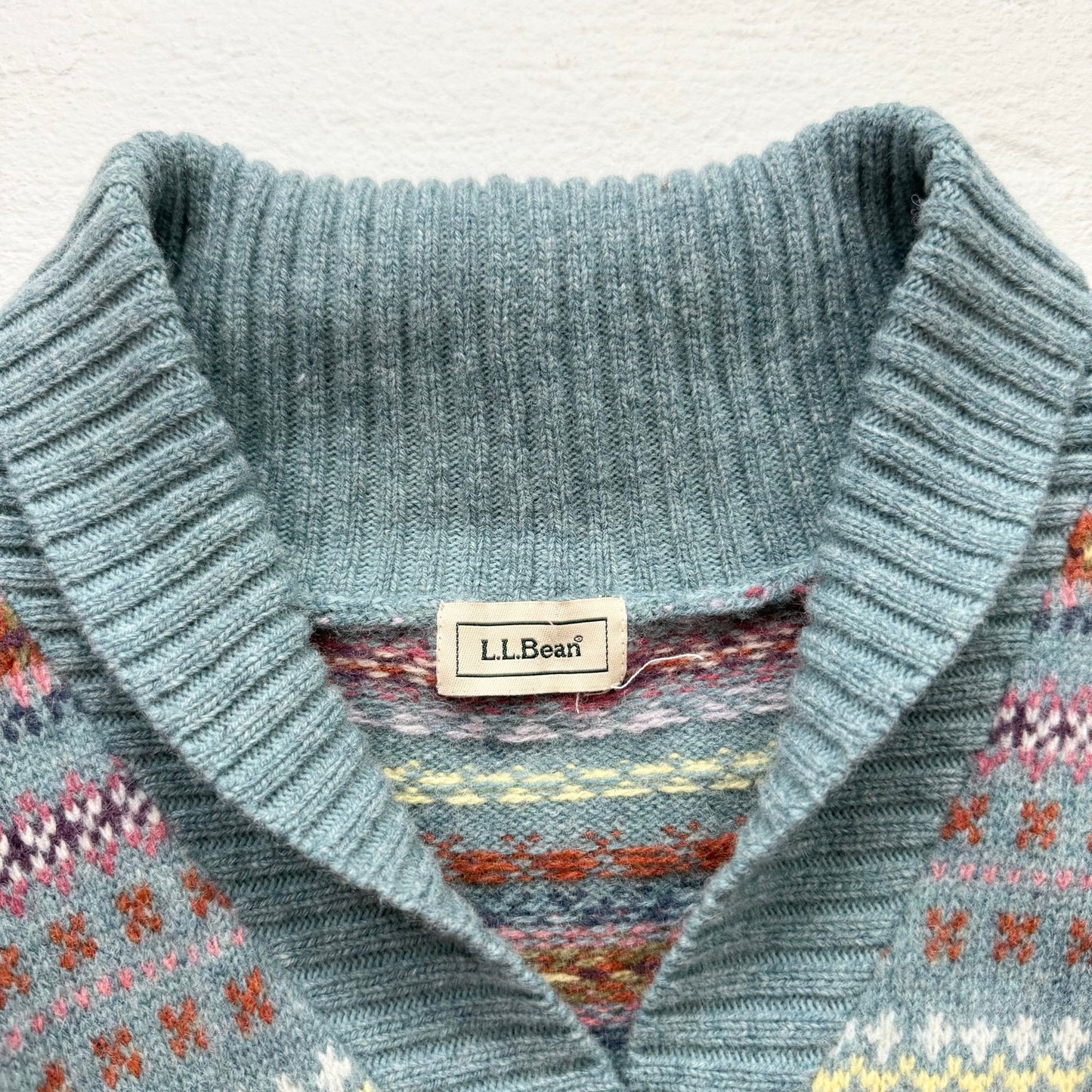 Vintage L.L.Bean Teal Fair Isle Wool Cardigan Sweater, Size Medium