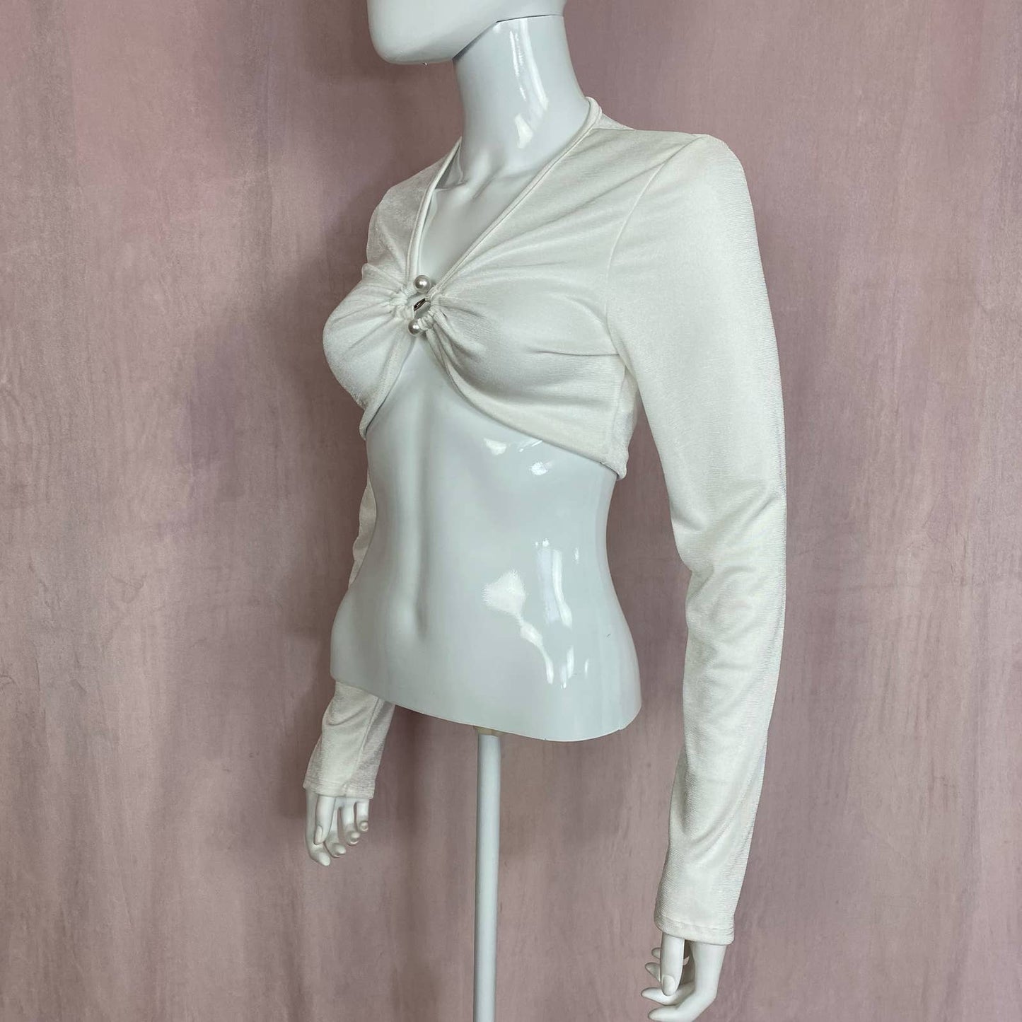 Secondhand White Ruched Plunge Neck Crop Long Sleeve, Size Large
