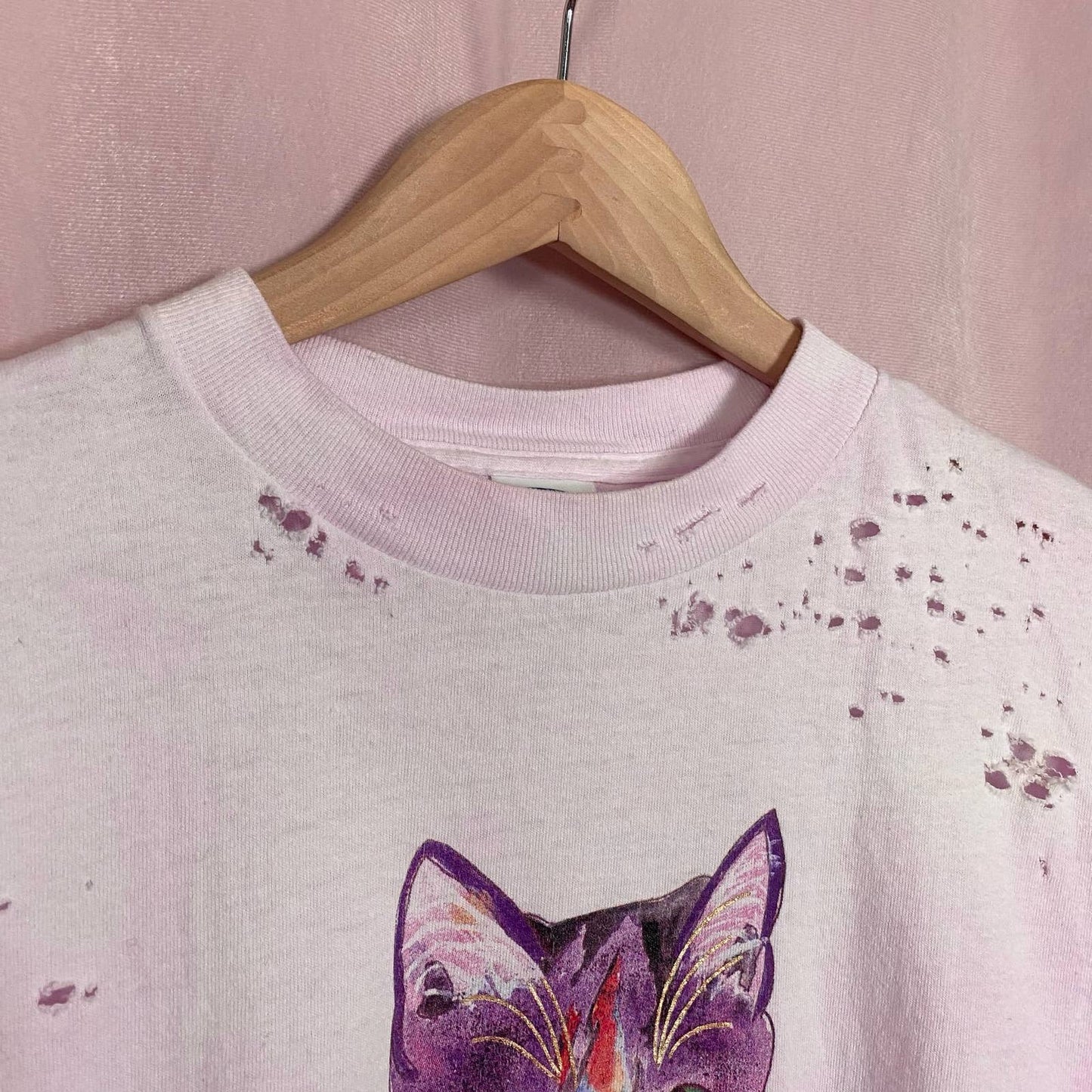 Reworked Cat Wine Distressed Pink Tee, Size Medium