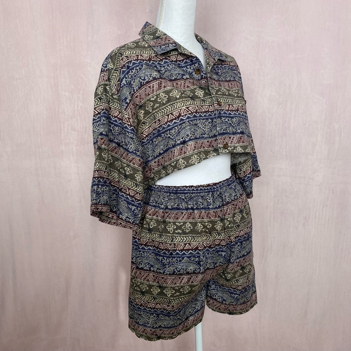 Upcycled Fish Tribal Print Button Up & Shorts Set, Size S/M/L