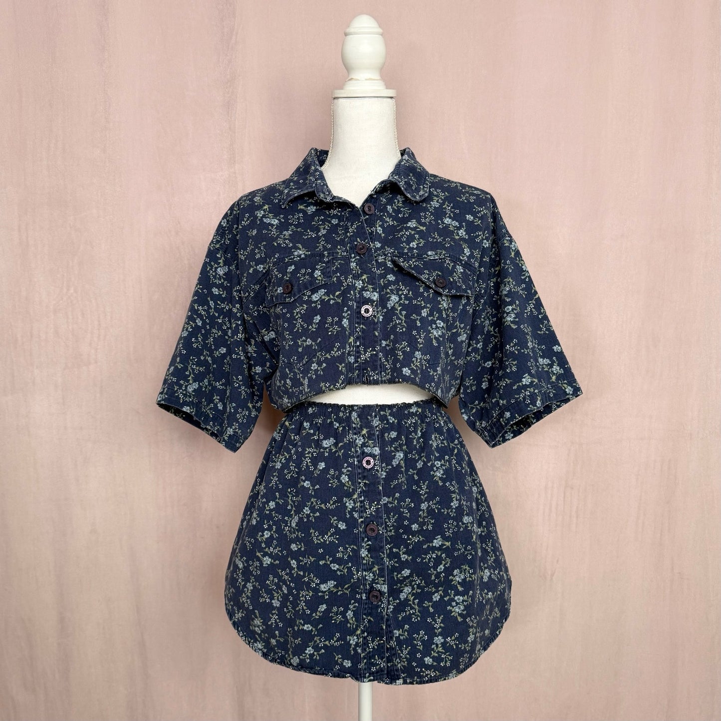 Upcycled Button Up Crop Shirt & Skirt Set, Size L/XL