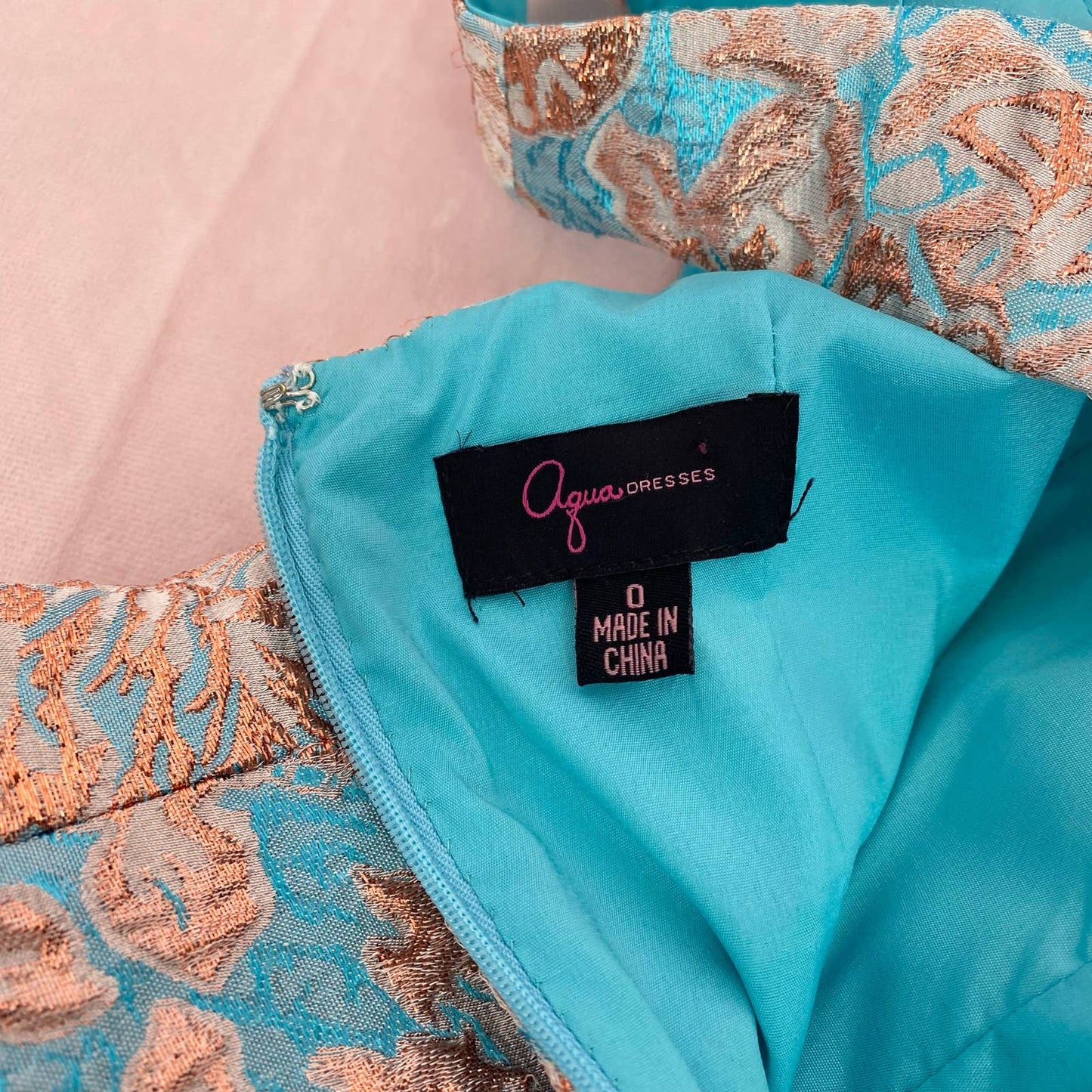 Secondhand Aqua Metallic Rose Gold Blue Floral Formal Dress, Size 0