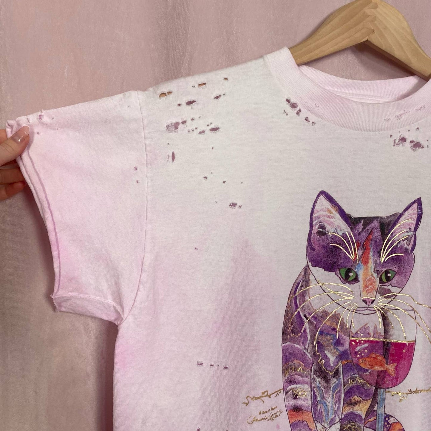 Reworked Cat Wine Distressed Pink Tee, Size Medium