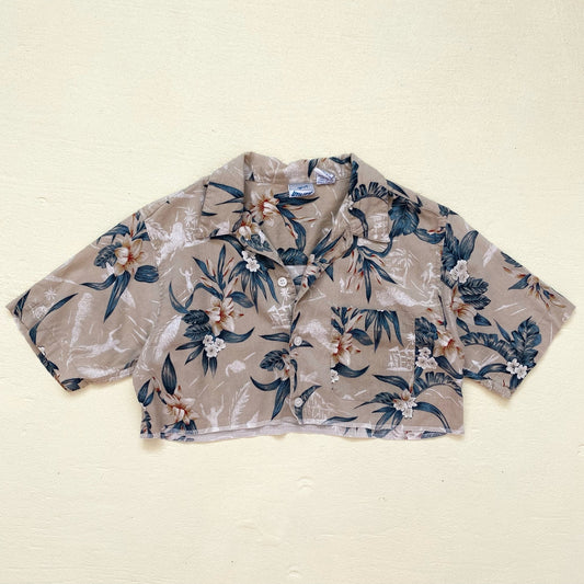 Upcycled Crop Hawaiian Shirt Button Up, Size S/M
