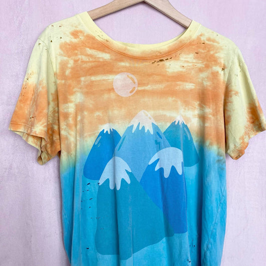 Upcycled Mokuyobi Distressed Tie Dye Mountain Tee, Size Medium
