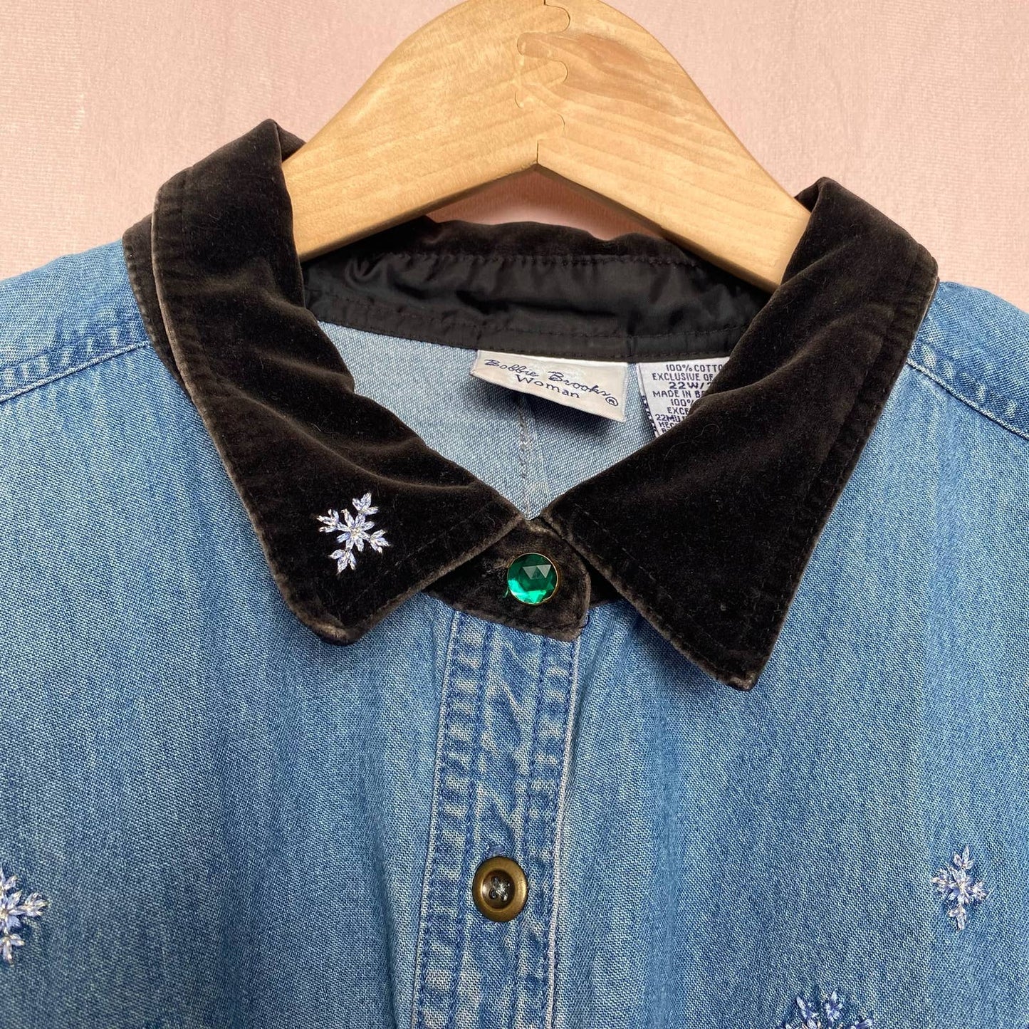 Upcycled Vintage Bobbie Brooks Christmas Embroidered Crop Denim Button Up, Size 3X