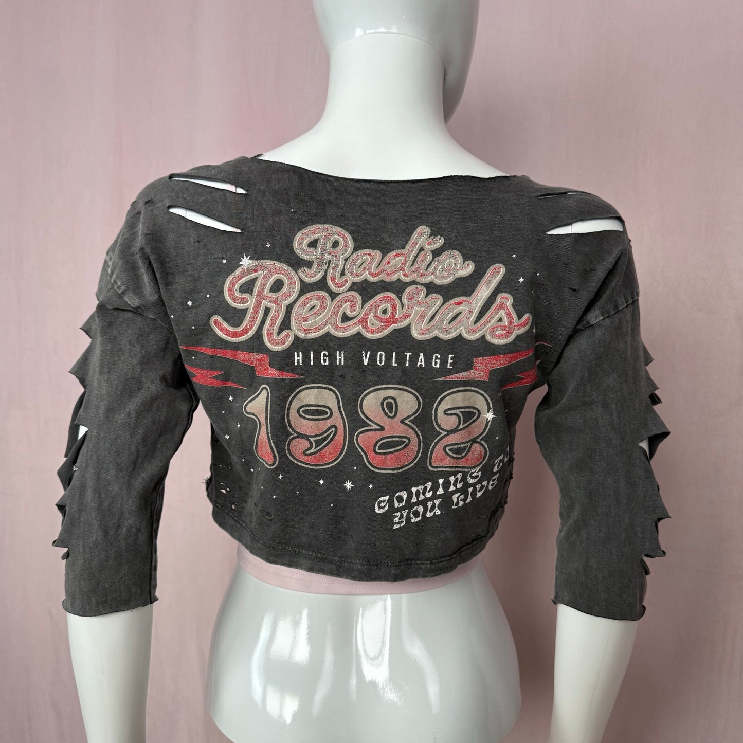Upcycled Distressed Cutout Retro Graphic Shrug, Size Small