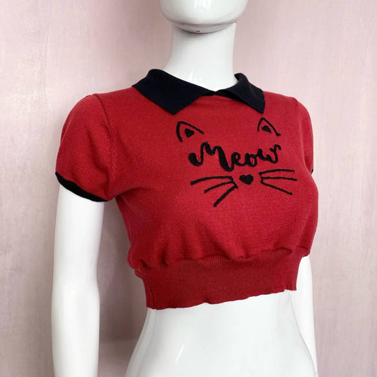 Reworked Meow Cat Short Sleeve Crop Sweater, Size Medium