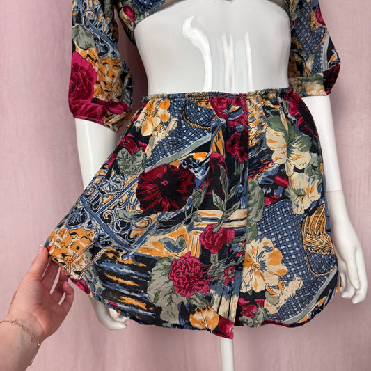 Upcycled Vintage Silk Floral Button Up Skirt Set, Size XS