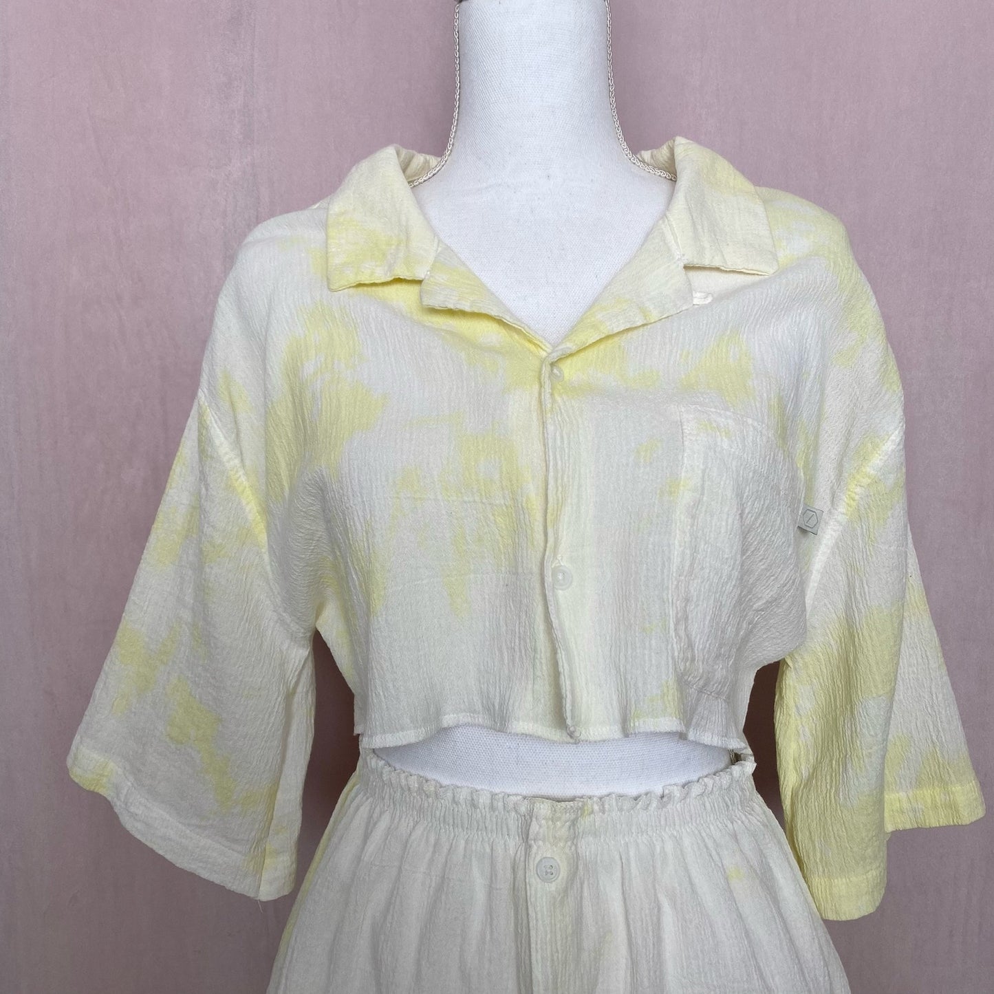 Upcycled Yellow Tie Dye Button Front Skirt Set, Size S/M