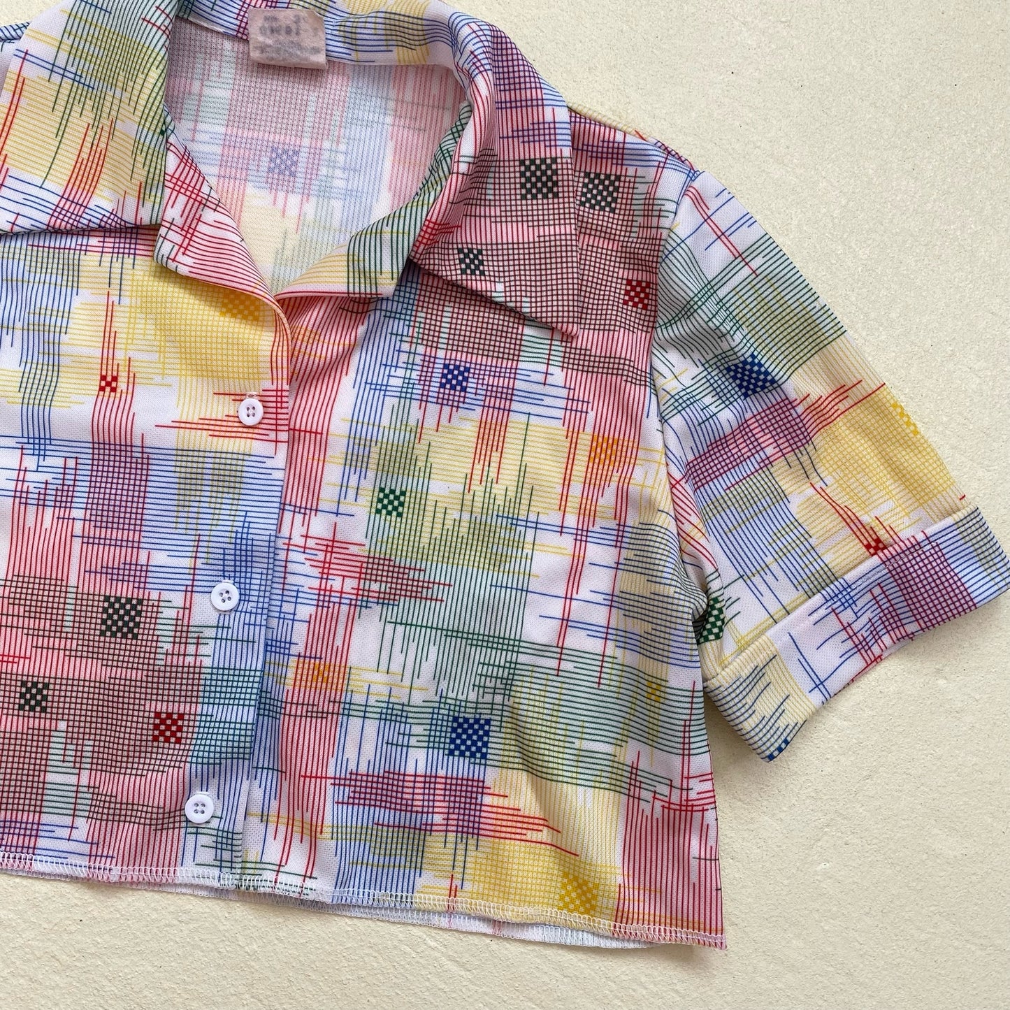 Upcycled Vintage 70s Crop Plaid Button Up Shirt, Size Small