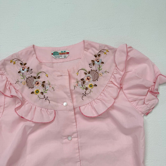 Vintage Pink Embroidered Ruffle Button Up Top, Size Small