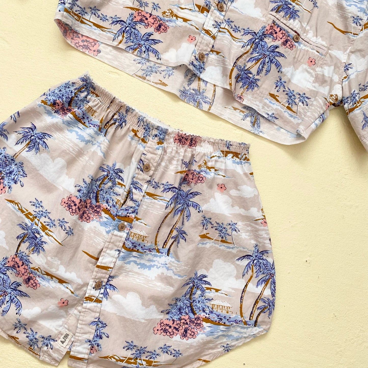 Upcycled Hawaiian Button Front Two Piece Skirt Set, Size Small