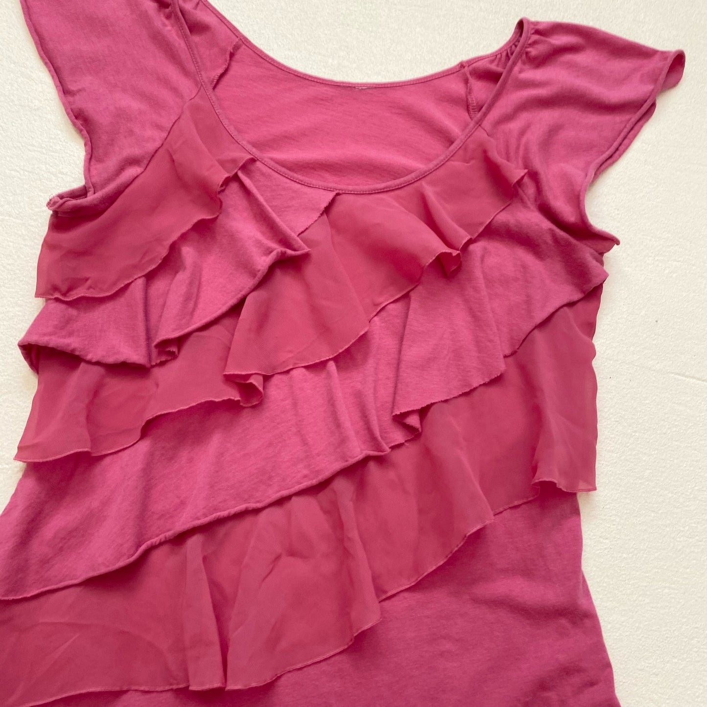Y2K Pink Tiered Ruffle Cap Sleeve Top, Size M/L