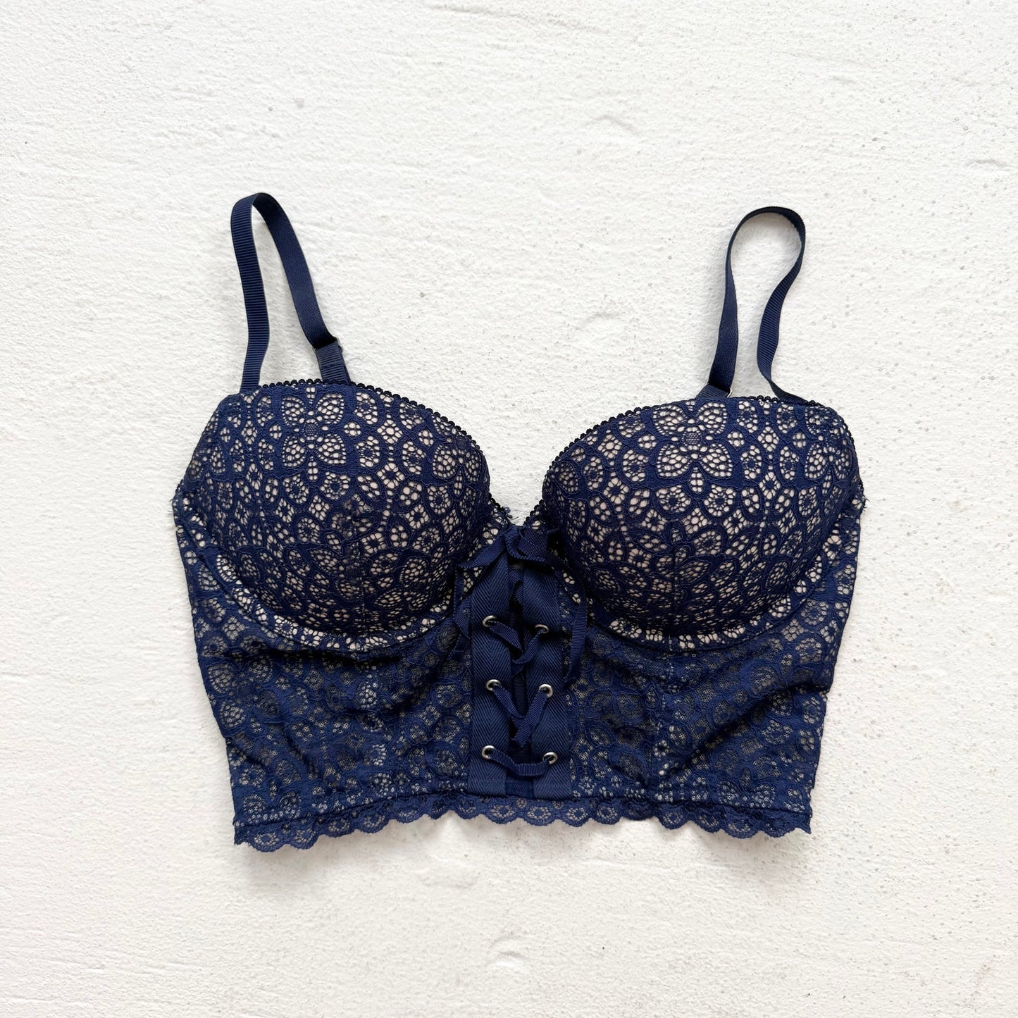 Secondhand Victoria’s Secret Navy Lace Demi Bustier 34D Push Up Back Zip
