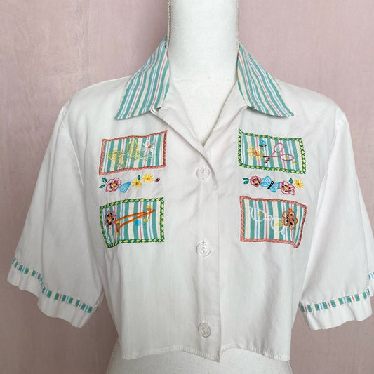 Upcycled Vintage Embroidered Crop Button Up Shirt, Size Large