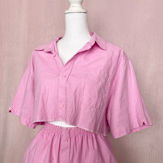 Upcycled Pink Cotton Linen Two Piece Skirt Set, Size M/L