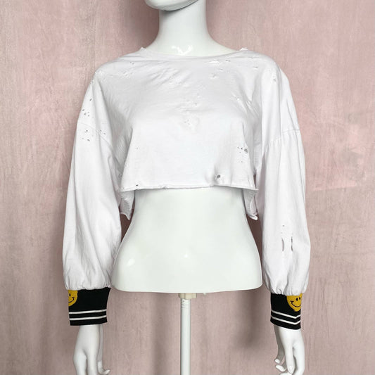 Reworked Distressed Smiley Face Crop Long Sleeve, One Size