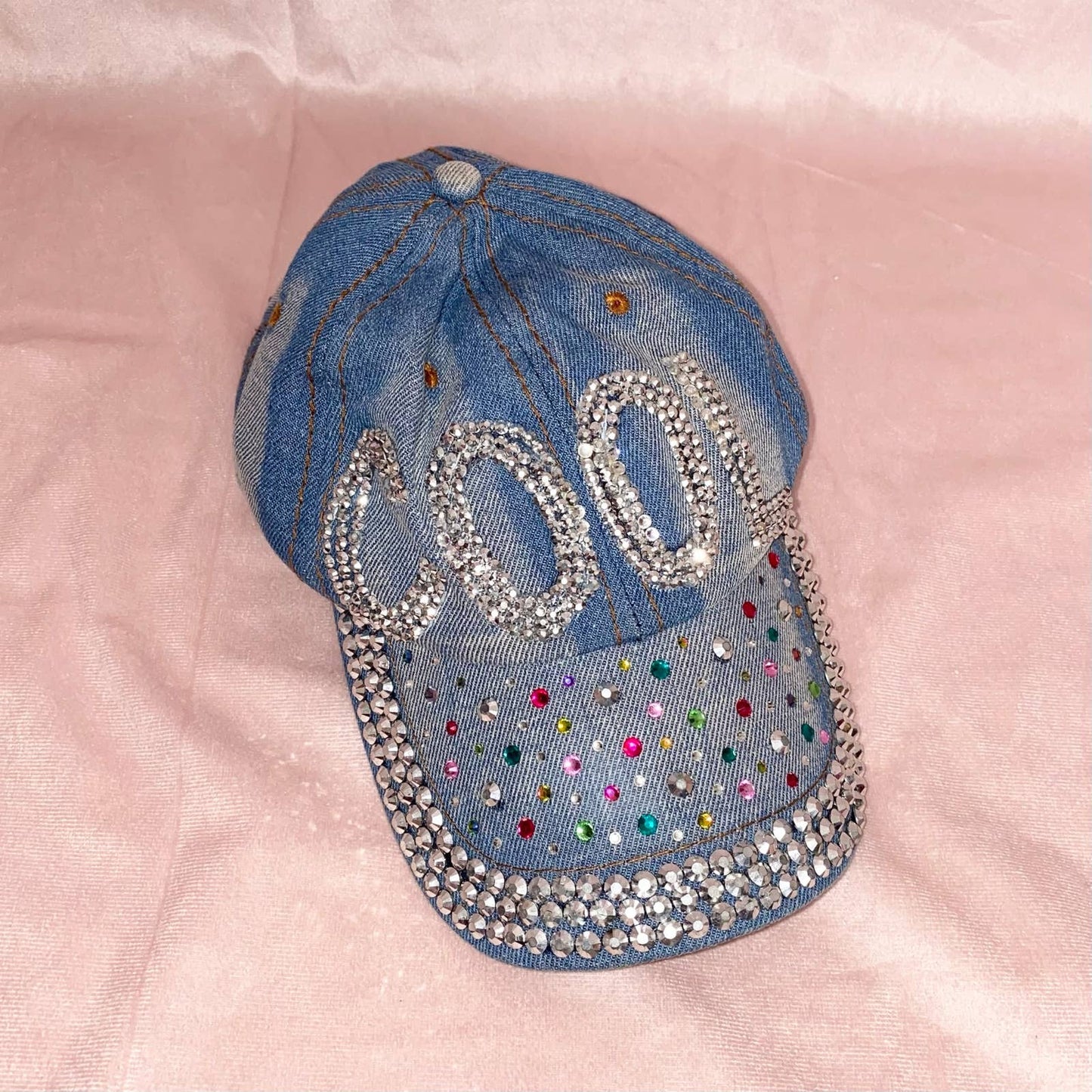 Upcycled COOL Rhinestone Denim Cap Hat